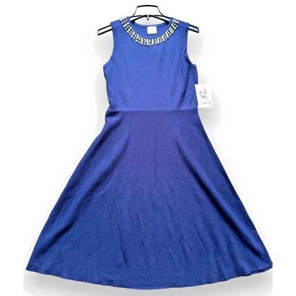 1940s Navy High Waist Retro Pearl Sleeveless Womens XL Sweater Dress - Picture 5 of 15